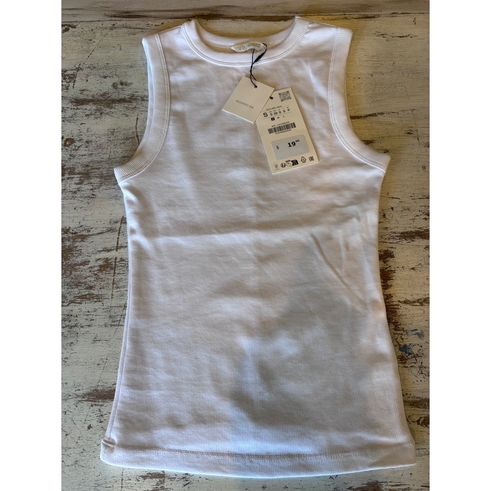 NWTO ZARA recovery rib tank top women S white sleeveless crew neck 4424/999/250